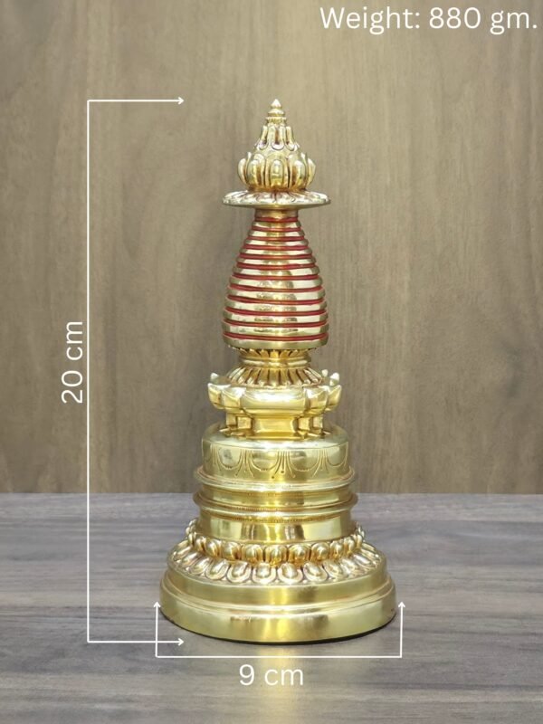Tibetan Buddhist stupa (chorten) reliquary in gold plated copper with red accent rings, measurement overlay shows 20 cm height, 9 cm base, 880 g.