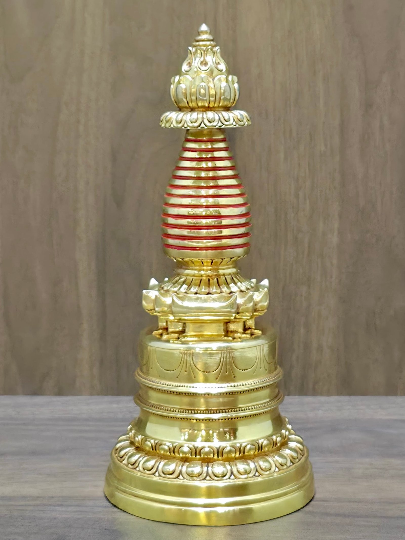 S002-4:3-2 Kadampa style Tibetan stupa (chorten), copper with 24K gold plating, red spire rings, 23cm