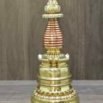 Gold plated Buddhist stupa chorten on altar, full front view, 23cm copper statue