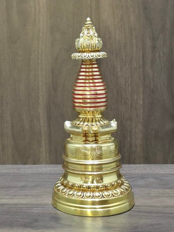 Gold plated Buddhist stupa chorten on altar, full front view, 23cm copper statue