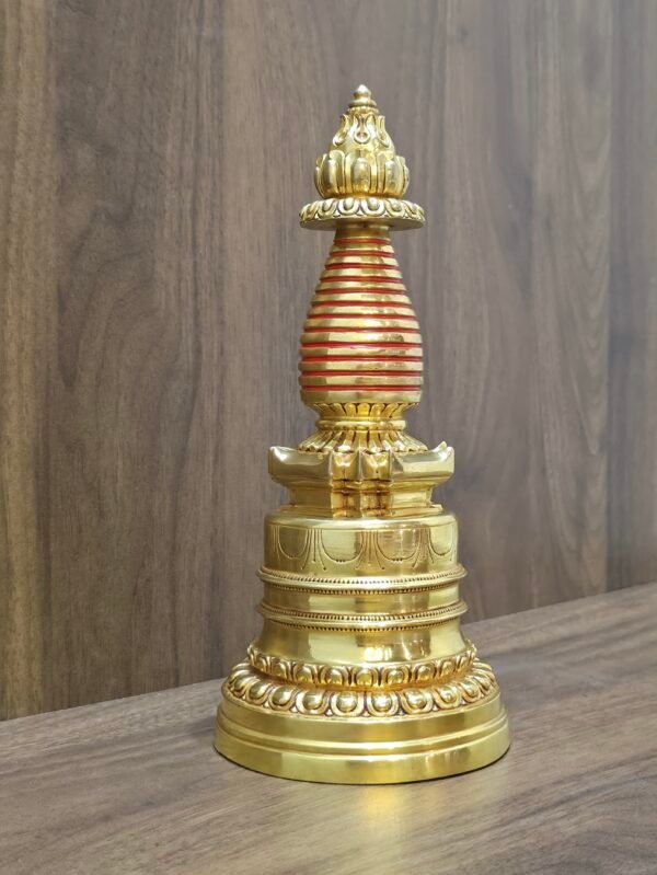Kadampa style stupa chorten side angle, 24K gold plated copper, red ring spire