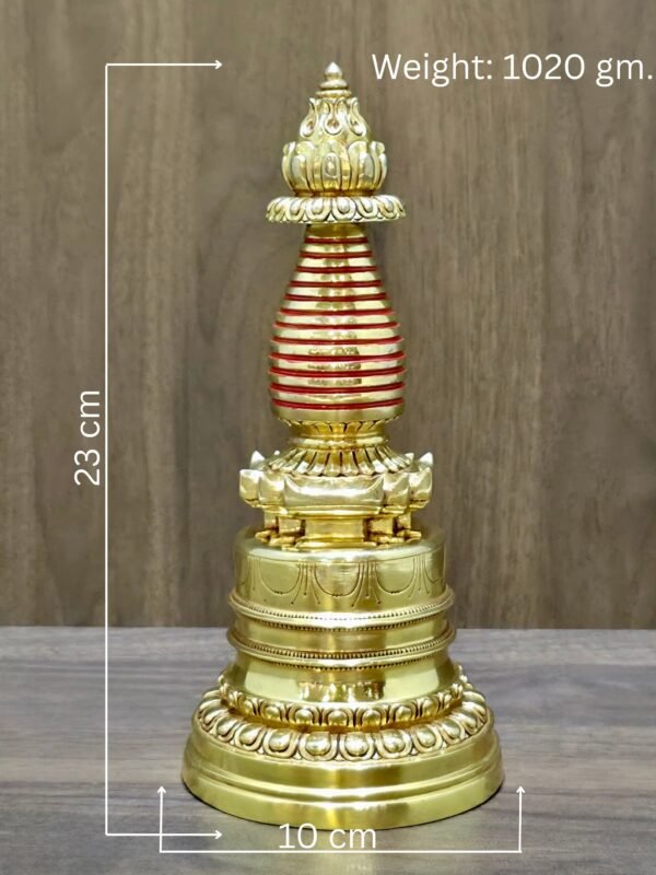 Measurement graphic for stupa chorten: 23cm tall, 10cm base, 1020g