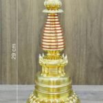 Gold-plated copper Buddhist stupa (chorten) with red spire rings, 29 cm tall, 14 cm base, 1.64 kg (size guide).