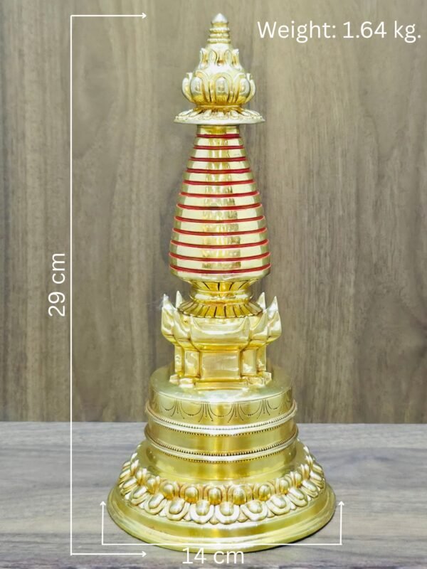 Gold-plated copper Buddhist stupa (chorten) with red spire rings, 29 cm tall, 14 cm base, 1.64 kg (size guide).