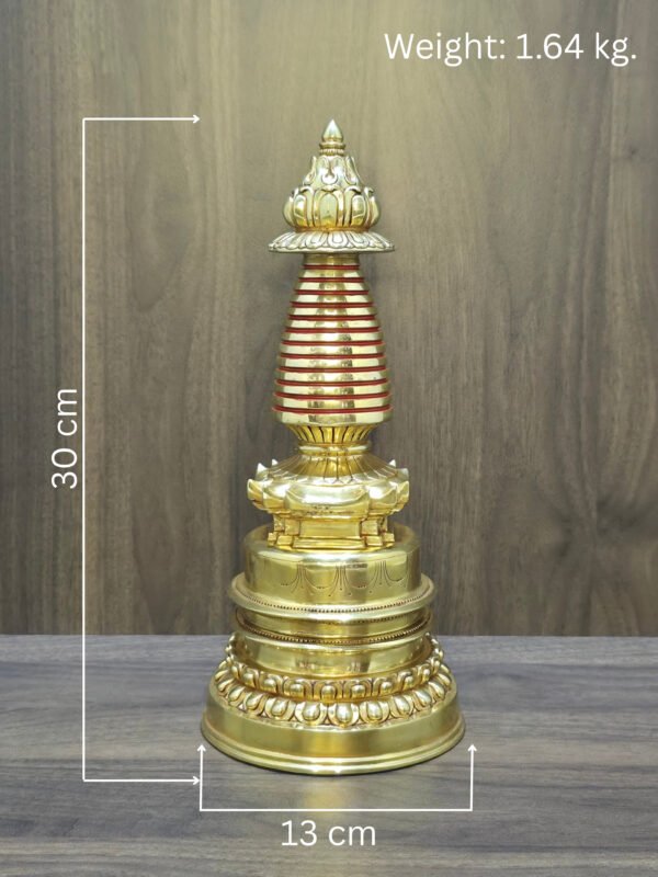 Stupa with size overlay showing 30 cm height, 13 cm base width, and weight 1.64 kg.