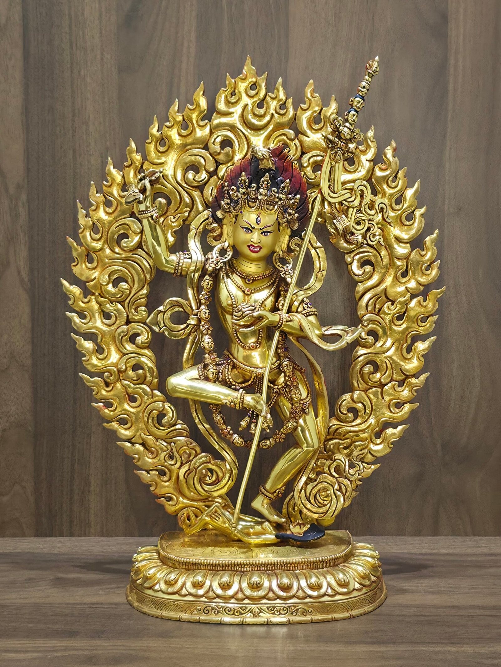 Front view of 40cm 24K gold plated Dorje Phagmo statue with deeply carved swirling fire aura.