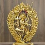 Front view of 40cm 24K gold plated Dorje Phagmo statue with deeply carved swirling fire aura.