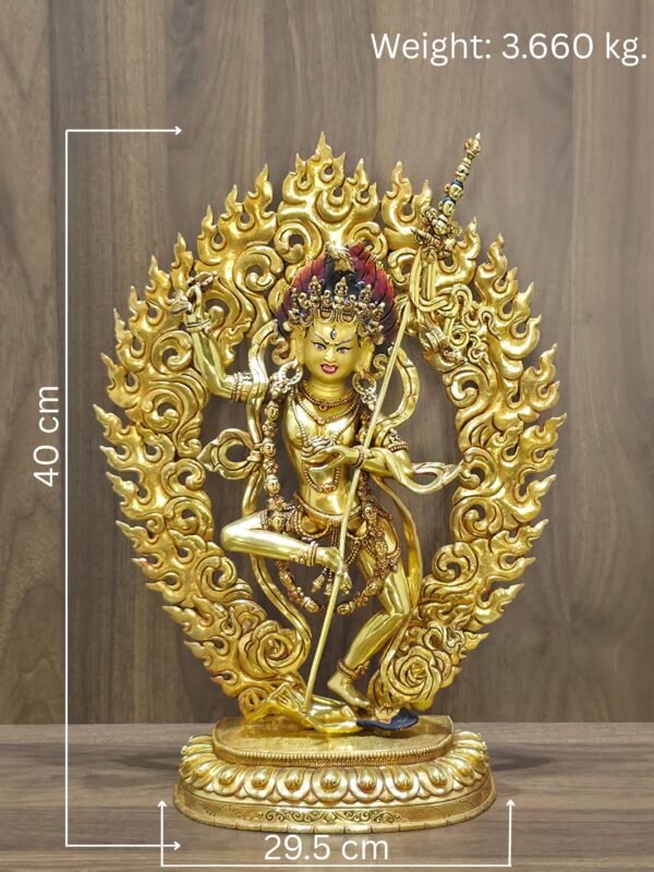 Dorje Phagmo Vajravarahi statue with size and weight overlay, 40 cm tall, 29.5 cm wide, 3.660 kg.