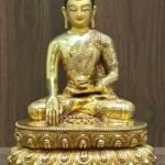 Full front view of the 30cm Shakyamuni Buddha statue in gold-plated copper, depicting the Bhumisparsha mudra.
