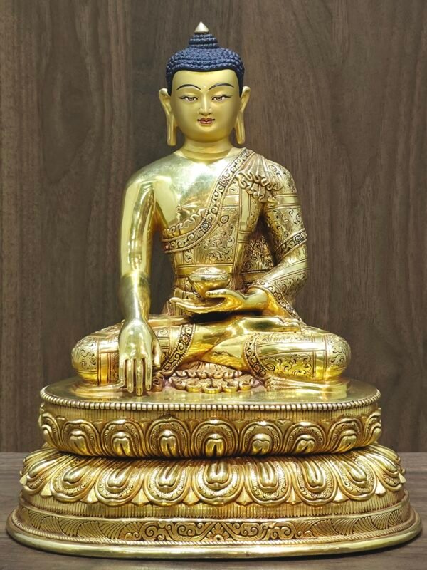 Full front view of the 30cm Shakyamuni Buddha statue in gold-plated copper, depicting the Bhumisparsha mudra.