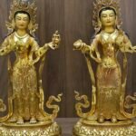 Full front view of the large 50cm Mandarava and Yeshe Tsogyal statues showcasing their rich copper bodies and gold accents.