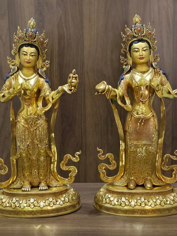 Full front view of the large 50cm Mandarava and Yeshe Tsogyal statues showcasing their rich copper bodies and gold accents.