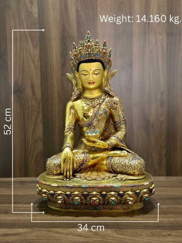 Measurement image of Crown Shakyamuni Buddha statue showing 52 cm height, 34 cm width and 14.160 kg weight.