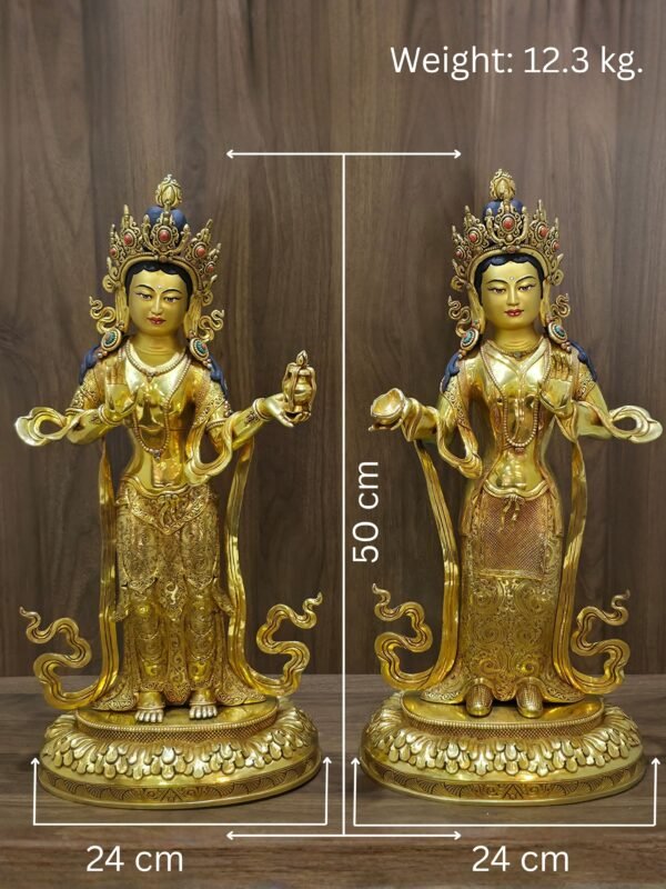 Dimensions guide indicating the 50cm height, 24cm width, and 12.3 kg weight of the Mandarava and Yeshe Tsogyal Statue Pair.