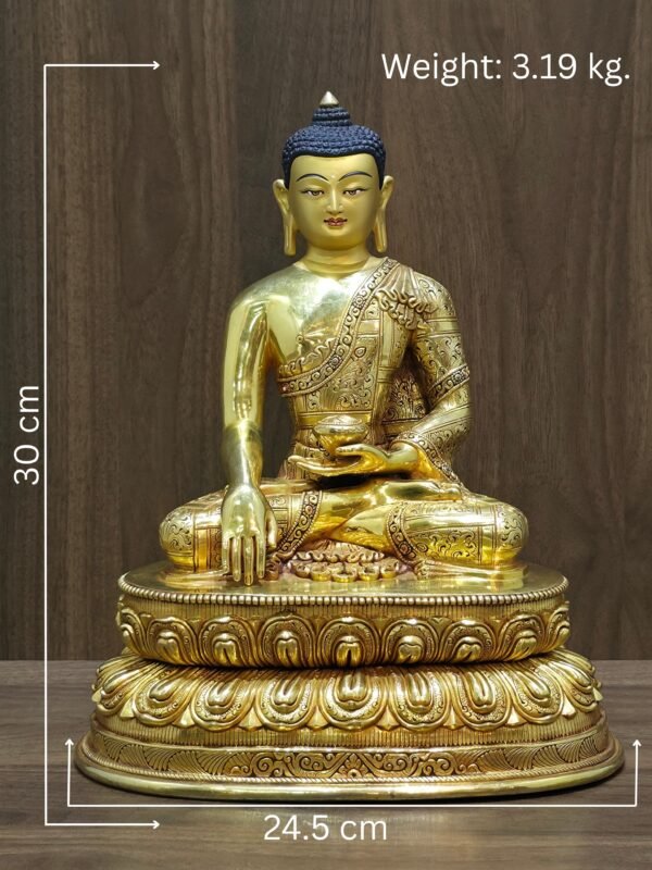 Shakyamuni Buddha gold plated copper statue with measurements — 30cm tall, 24.5cm wide, weighing 3.19kg, handcrafted in Kathmandu Nepal.