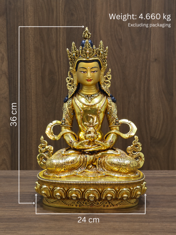 Amitayus (Aparimita) Buddha statue with measurements showing 36 cm height, 24 cm width and a weight of 4.660 kg excluding packaging.