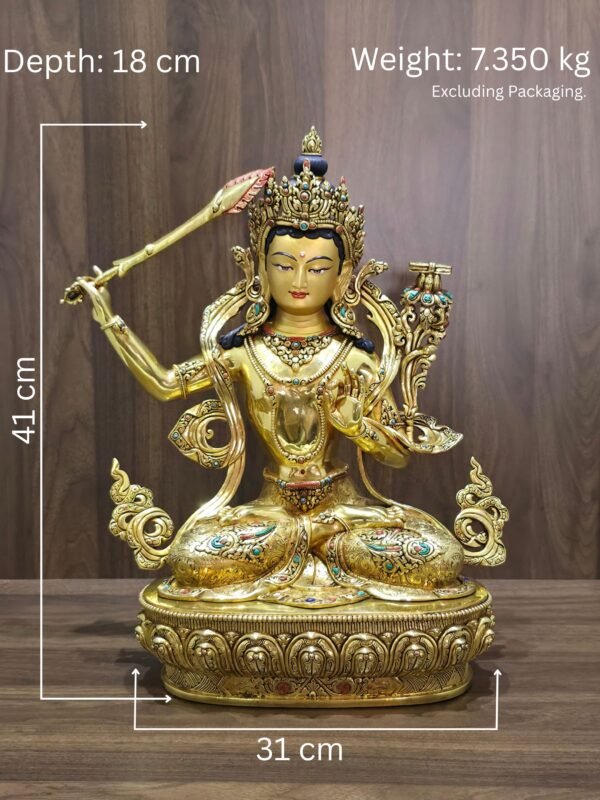 Manjushri statue with measurements: 41 cm height, 31 cm width and 18 cm depth; weight 7.350 kg excluding packaging.