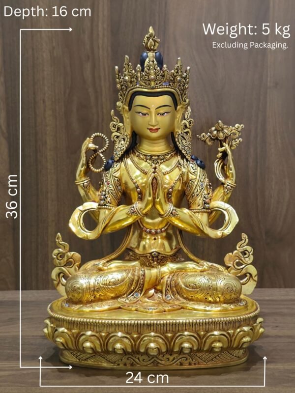 Four-armed Chenrezig statue measurements: 36 cm high, 24 cm wide, 16 cm deep; weight 5 kg excluding packaging.
