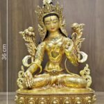 White Tara statue in 24K gold plated copper with measurements: 36 cm high, 24 cm wide, 16 cm deep; weight 4.570 kg excluding packaging