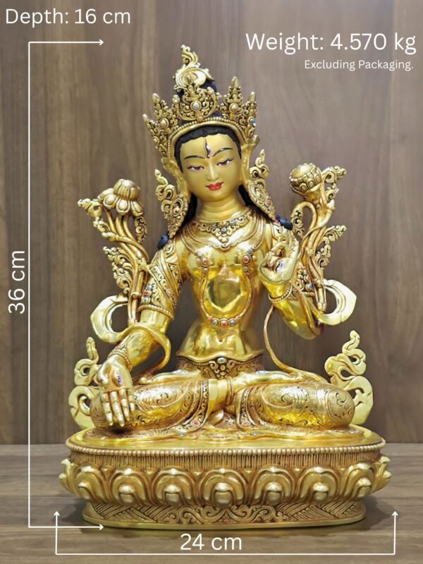 White Tara statue in 24K gold plated copper with measurements: 36 cm high, 24 cm wide, 16 cm deep; weight 4.570 kg excluding packaging